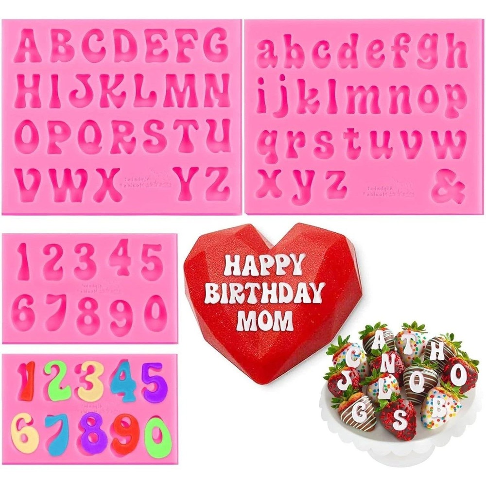 3pc Alphabet Number Silicone‎ Molds Pink Letter Tray for Resin Chocolate Baking